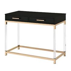 Mesa retangular para computador com USB, mesa preta com moldura de metal dourado, mesa de trabalho moderna com gavetas de armazenamento, mesa de console de café para sala de estar em casa (mesa de