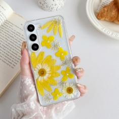 XIZYO Capa para Samsung Galaxy S23 Plus linda estampa floral transparente flores secas mulheres meninas glitter fino TPU bumper capa protetora à prova de choque para S23 Plus, flor amarela pérola