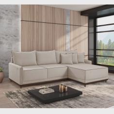 Sofá Linho 3 Lugares 264cm com Chaise Lado Direito e Kit Usb Barra