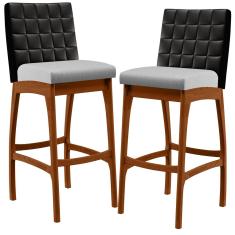 Kit 02 Banquetas Altas Cozinha Sala Jantar Fixa Mila B04 Couríssimo Preto Linho Cinza - Lyam Decor