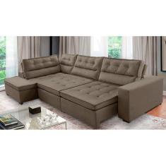 Sofá de Canto Retrátil e Reclinável com Molas 3,00x2,00 Esq Virginia Suede Cappuccino Adonai Estofados