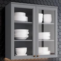 Armário Aéreo 2 Portas de Vidro 80 cm Americana Cinza - Henn