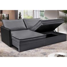 Sofá Sem Caixa Retrátil Baú 1,75m Cama Inbox Grace Tecido Linho E Courino Cinza Escuro