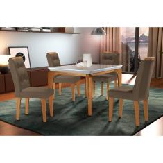 Mesa Cozinha Londrina c/ Tampo Madeirado c/ Vidro Canto Curvo 120x80cm e 4 cadeiras Imperatriz Imbuia/Off White - Suede Capuccino-Rufato