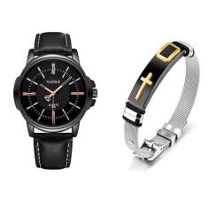 Kit Relógio Masculino Yazole 358 Couro Total Black +Pulseira