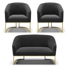 Namoradeira e 2 Poltronas Industrial Dourado Stella Suede Preto D03 - 