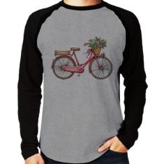 Camiseta Raglan Bicicleta Vintage Romântica Manga Longa - Foca na Moda