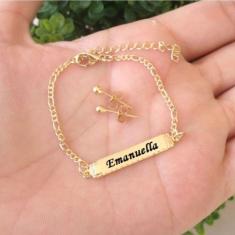 Conjunto Infantil Pulseira Chapinha E Brinco Bolinha Em Banho De Ouro