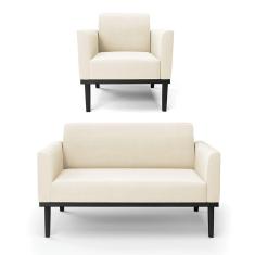 Sofá Namoradeira com Poltrona Base de Madeira Fixa Preto Marisa Veludo Bege D03 - D`Rossi