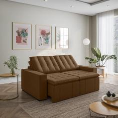 Sofá Cama Retrátil e Reclinável 3 Lugares 200cm em Linho com Molas e Braço Reto Palmeira Cabecasa Ma Marrom