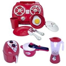 Kit Cozinha Vermelho Brinquedo Infantil Air Fryer Fogão 9Pç