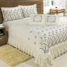 Kit Cobre Leito Casal Padrão Desejos 07 Peças Bordado Colcha - Palha -