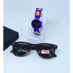 Kit Relógio Infantil Digital Led Redondo Pulseira Silicone desenho 3D + Óculos de Sol Flexível Crianças Menino Bebê Moda