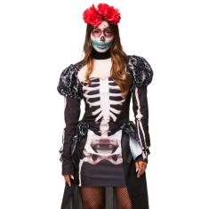 Fantasia Halloween Feminina Esqueleta Caveira Vestido Adulto