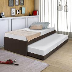 Cama Solteiro Bianca com Auxiliar em Madeira Revestida Tecido Pavia Marrom