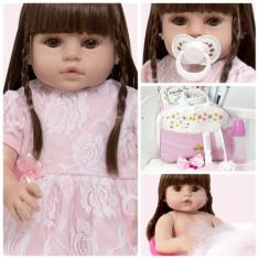 Boneca Estilo Reborn Princesa Olhos Castanhos Banho Enxoval - Cegonha 