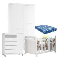 Quarto de Bebê 4 Portas Ternura Baby com Berço Lara Branco Brilho com 