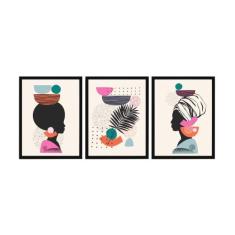Kit Quadro Decorativo Moldura Mulher Africana Folha 3 Peças - Looks Ob