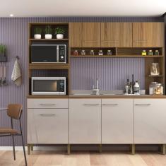 Cozinha Compacta 7 Portas e 1 Gaveta Ipê/Cristalo