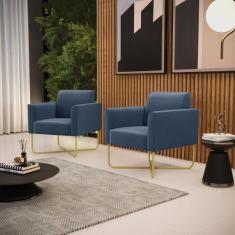 Poltrona Sala Kit 2 Marisa Aço Industrial X Dourado Suede Azul Marinho