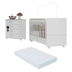 Quarto Infantil Berço com Colchão Incluso e Cômoda Pimpolho Multimóveis Branco