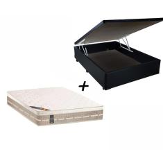 Box Baú Casal Sintético Preto + Colchão Castor Casal Molas Premium Tecnopedic 138x188x30