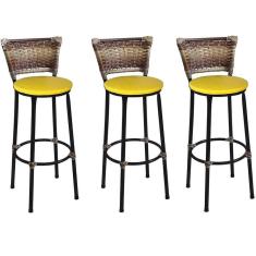 Kit 3 Banquetas Médias Preta com Encosto Junco Capuccino Assento Amarelo