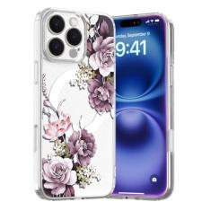 Akeivare Capa para iPhone 16 Pro Max Magsafe, capa floral fina à prova de choque fofa rígida PC + TPU bumper capa feminina flor magnética