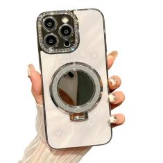 Capa luxuosa para iPhone 12 13 14 15 Pro Max Capa espelhada de diamante para iPhone 13 14 Plus Capa com suporte magnético, branca, para iPhone 14 Plus