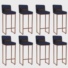 Kit 08 Banqueta Alta com Encosto Lucca Industrial Cozinha Balcão Ferro Bronze Suede Azul Marinho e Almofada Marrom - Ahazzo Móveis