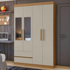 Guarda-Roupa Solteiro Zeus 4 Portas 2 Gavetas com Espelho 59602.354 Amêndoa Clean/Off White - Móveis Lopas