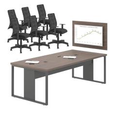 Jogo Mesa Com Painel E Cadeiras De Escritório Freijó Preto