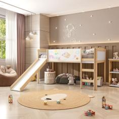 Cama Alta Com Escorregador E Lousa Madeira Maciça-mdf Exclusive Casatema Branco-natural