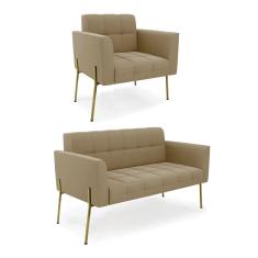 Sofá Namoradeira E Poltrona Pé De Ferro Dourado Elisa Suede D03 - D'rossi Cor Marrom Rato