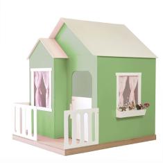 Casinha De Brinquedo Artesanal Janela Lateral Versátil Com Cortinas Mdf Verde/branco L12 - Criança Feliz