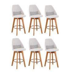 Kit 06 Banquetas Alta Maya Giratória Com Encosto Gourmet Linho Bege e Almofada Zigzag - Aurora Line