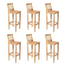 Kit 6 Banquetas Alta de Madeira Maciça Ripada com Encosto Confort - Na