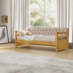 Bicama Solteiro Verona Mona Imbuia Estofado Capitonê Veludo Bege Acompanha 1 Colchão