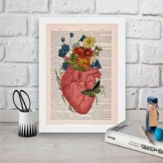 Quadro Decorativo Coração Com Flores 45X34Cm Moldura Branca