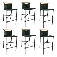 Kit 6 Banquetas Em Corda Náutica Base Em Alumínio Preta Com Detalhe Em Madeira Verde Musgo Verde