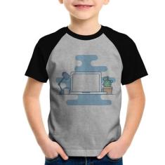 Camiseta Raglan Infantil Laptop - Foca na Moda, Cinza, Preto, 2