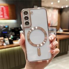 Capa magnética transparente com revestimento de proteção de câmera para Samsung Galaxy S24 S23 S22 S21 FE Ultra Plus Capa traseira de TPU macio, ouro rosa, para Samsung S24Ultra