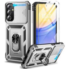 BaHaHoues Capa para Samsung Galaxy A15 5G com protetor de tela e capa de lente de câmera deslizante, suporte de anel magnético de rotação de 360° integrado à prova de choque, capa protetora para