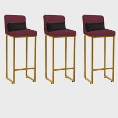 Kit 03 Banqueta Alta com Encosto Lucca Industrial Cozinha Balcão Ferro Dourado Suede Bordô e Almofada Preto - Ahazzo Móveis