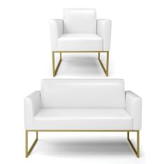 Sofá Namoradeira Com Poltrona Base Industrial Dourado Marisa Corano Branco D03 - D'rossi