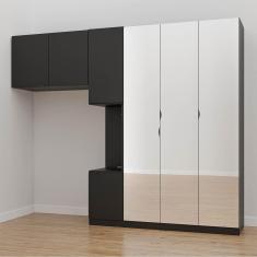 Guarda Roupa Modulado de Solteiro com Espelho e Mesa de Cabeceira Direita 7 Portas 3 Peças Hera Cabe Preto/Preto