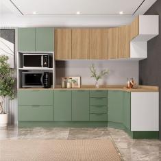 Cozinha Modulada 7 Peças com Tampo 3 Aéreos 3 Balcões e Torre Quente Ipanema Cabecasa Madeiramadeira Verde/Amadeirado