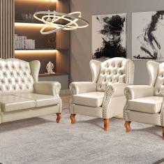 Conjunto Imperador Sofá com Poltronas Chesterfield Decoração Retrô Vintage Bege