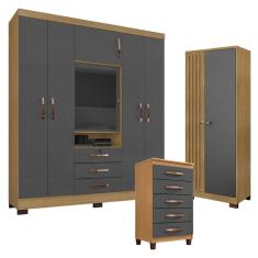 Guarda Roupa Casal Imperial com Cômoda Sapateira Cannes e Armário Multiuo Versatile com Chave Carvaho Americano Grafite - Incorplac