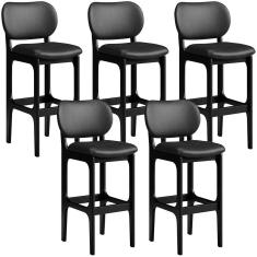 Kit 05 Banquetas Alta Para Cozinha Madeira Fixa Betta L02 Preto Couríssimo Preto